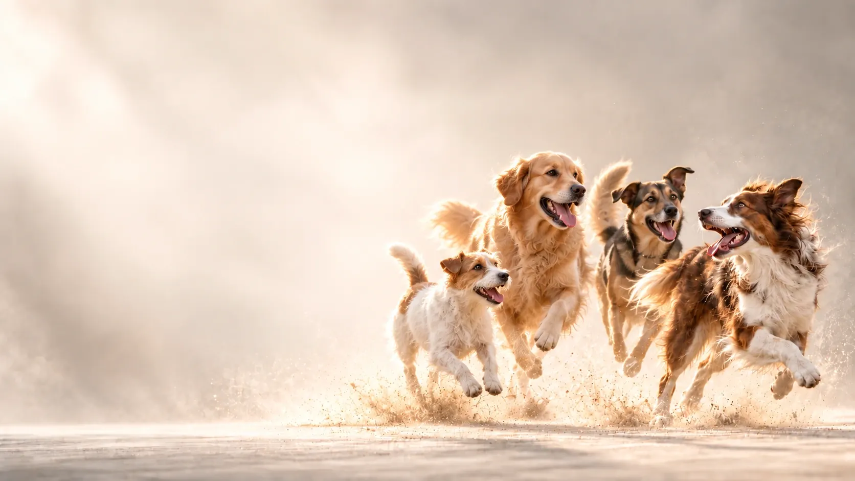 Cães a correr juntos sobre a areia